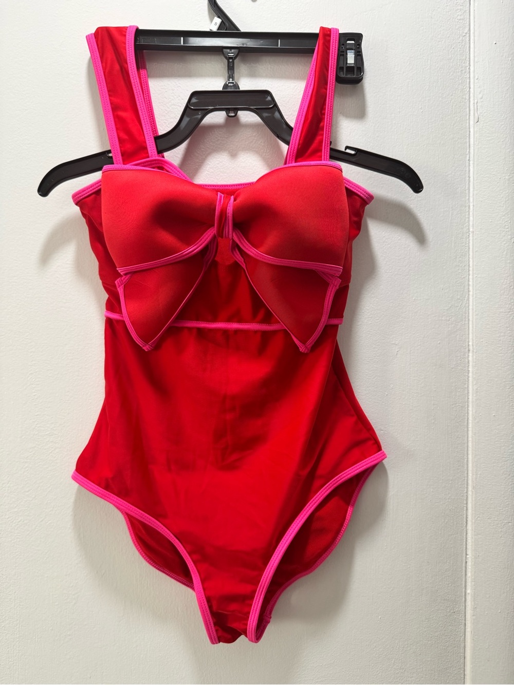 Women’s Red One-Piece Swimsuit with Pink Trim and Bow